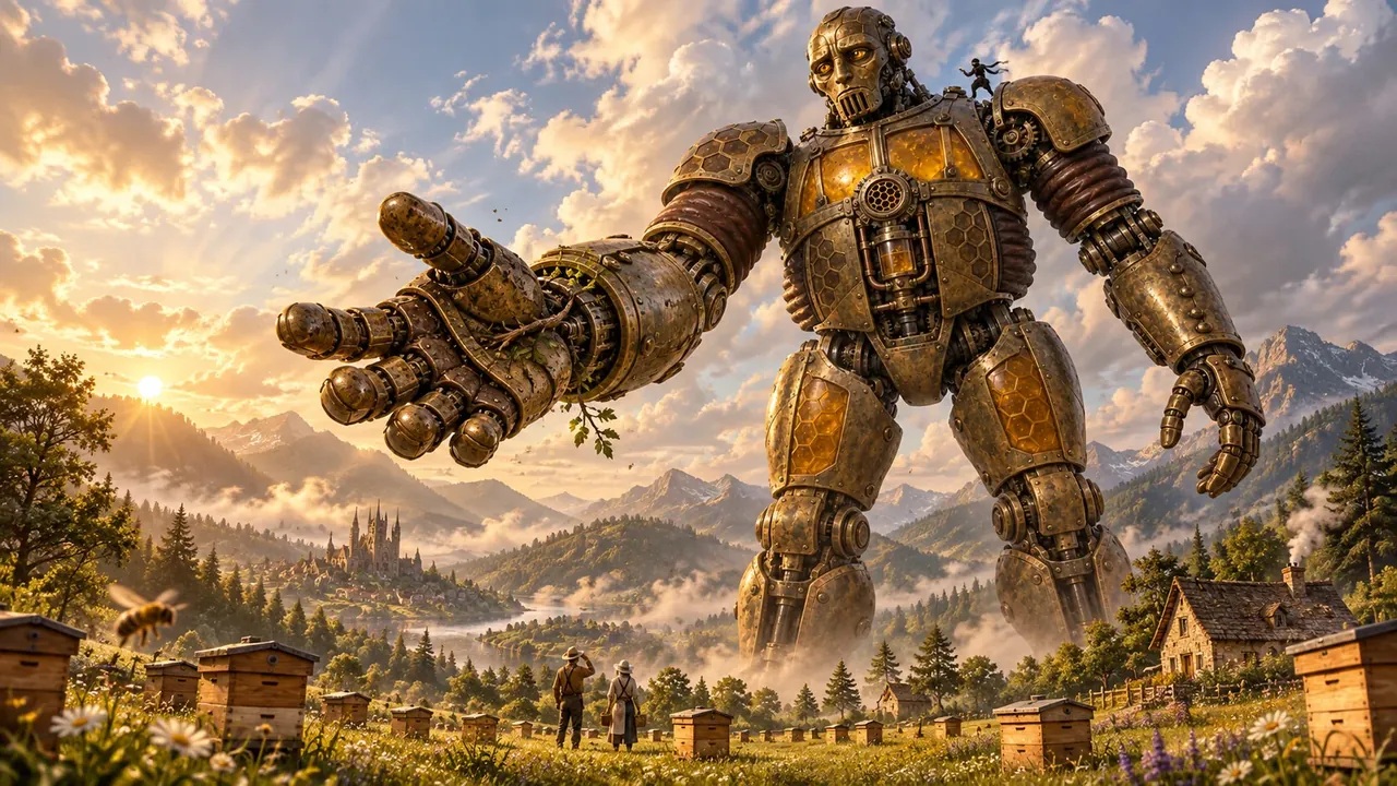 Amber Apiarist, a towering brass and honeycomb Titan standing over a meadow of beehives, with a tiny ninja on its shoulder.