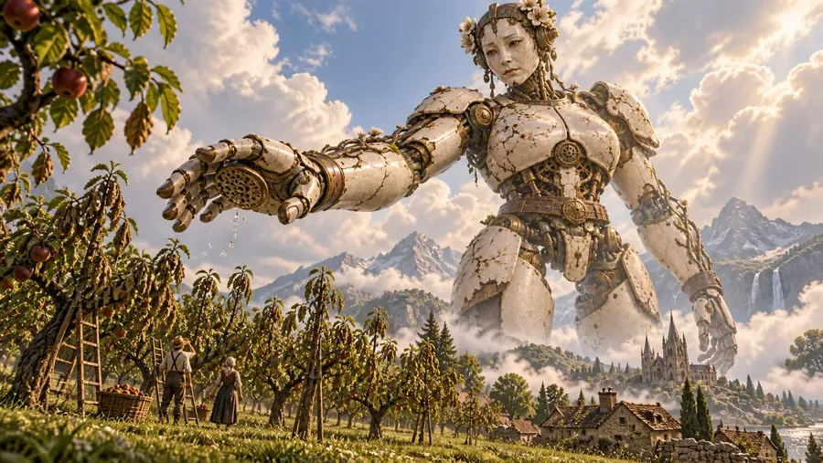 Porcelain Orchard, a pale ceramic Titan in a walled orchard.