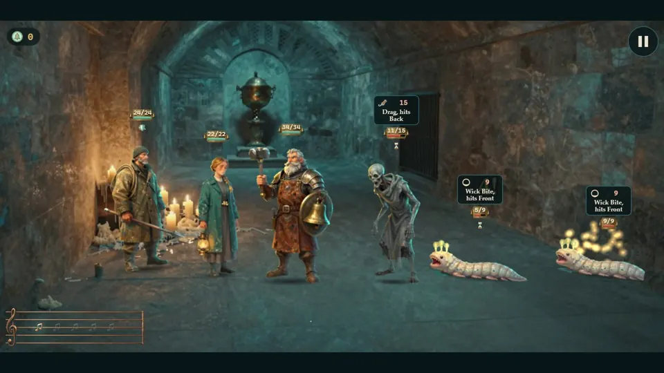 A Knelldeep fight scene: three painted heroes facing a skeleton sentry in a gothic room.