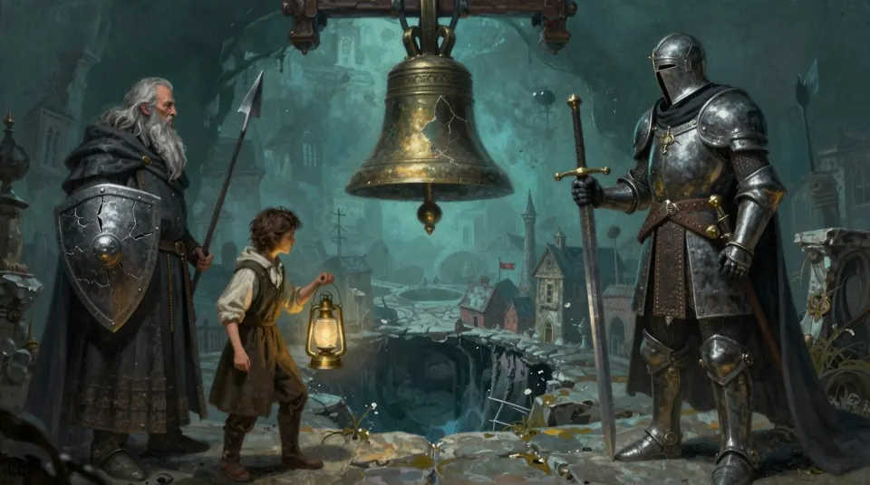 Key art for Knelldeep, a gothic party crawler: three heroes descending into a sinkhole town.