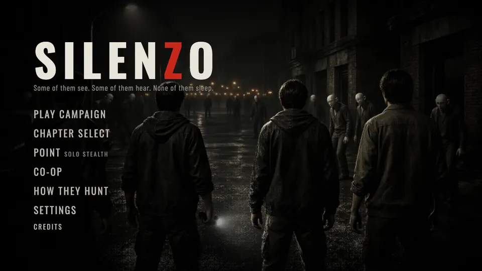Silenzo title screen with three survivors in a dark street.