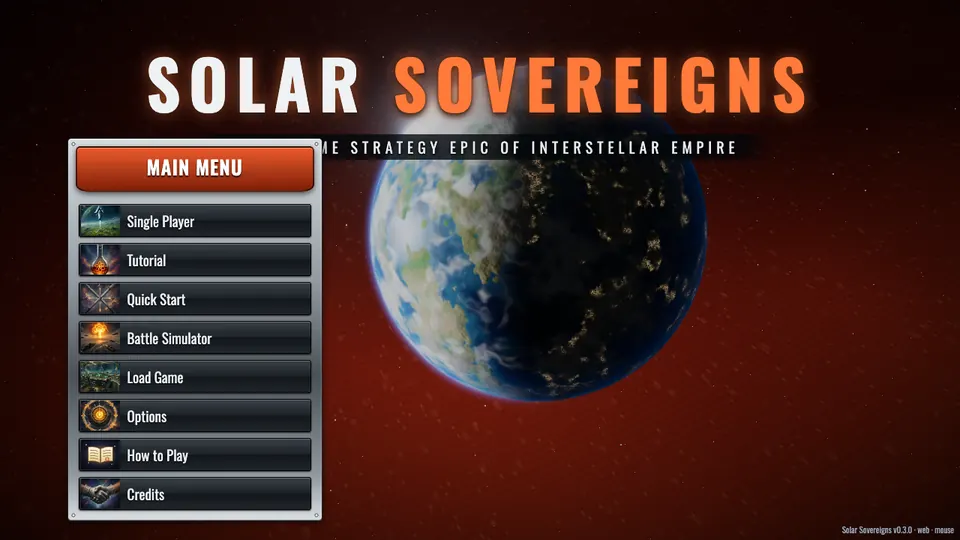Solar Sovereigns main menu over a red planet.