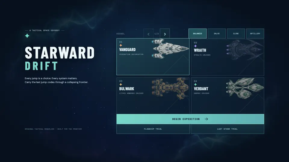 Starward Drift vessel select screen.