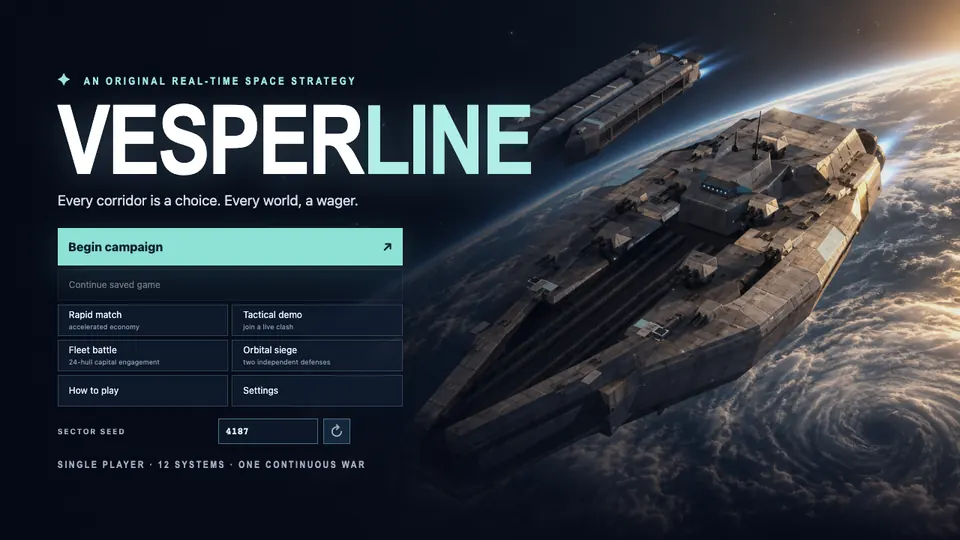 Vesperline title screen with a capital ship above a planet.